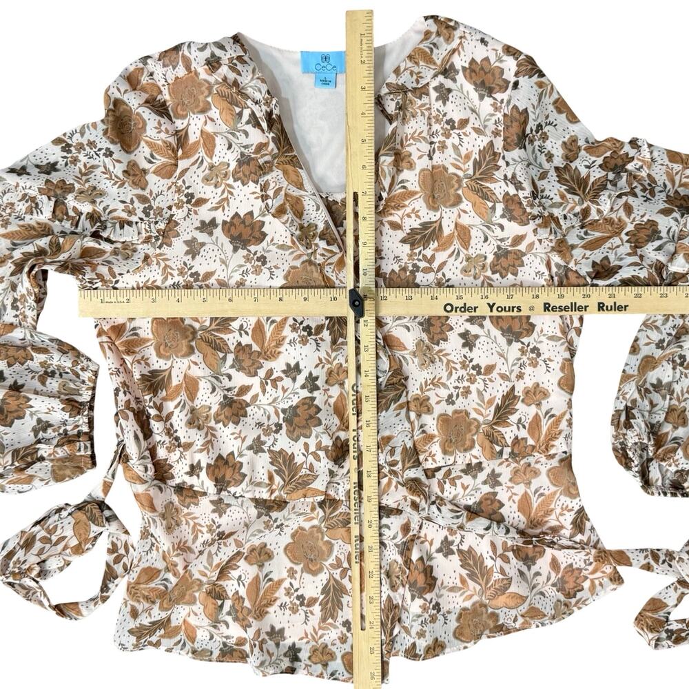 CeCe Cream Tan Fall Floral Leaves Ruffle Long Sleeve Tie Waist Wrap Top size L - Picture 5 of 11